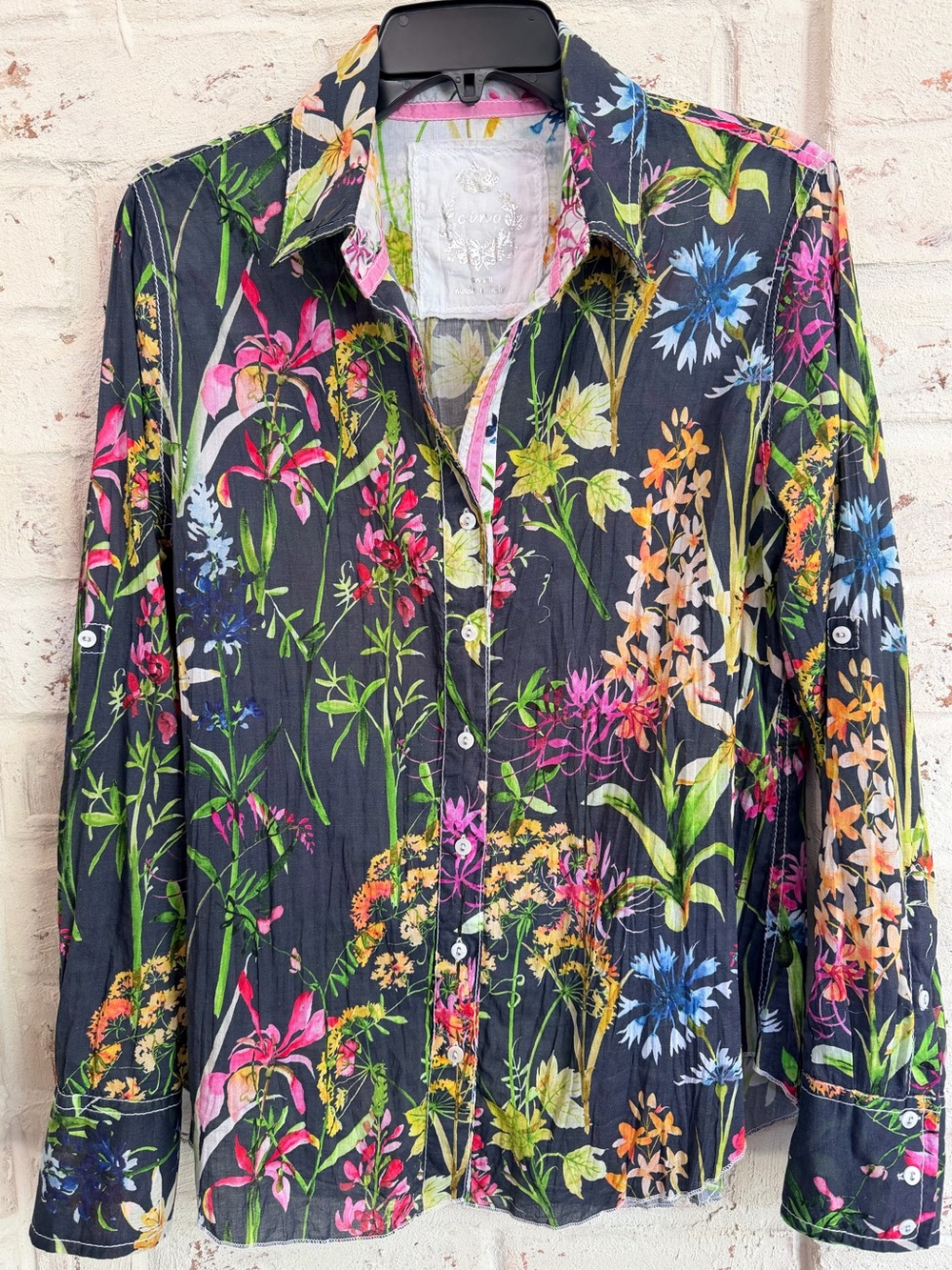 CINO Floral Toile Crinkle Cotton Shirt S Botanical Wildflower Boho